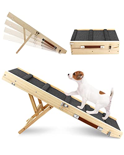 TNELTUEB Adjustable Dog Ramp, Wooden Folding Portable Pet Ramp,Rated for 30 LBS, 32.6" Long and Adjustable from 10" to 19" with Non-Slip Traction Mat, Cat Ramps for Car, Bed, Couch (Grey)