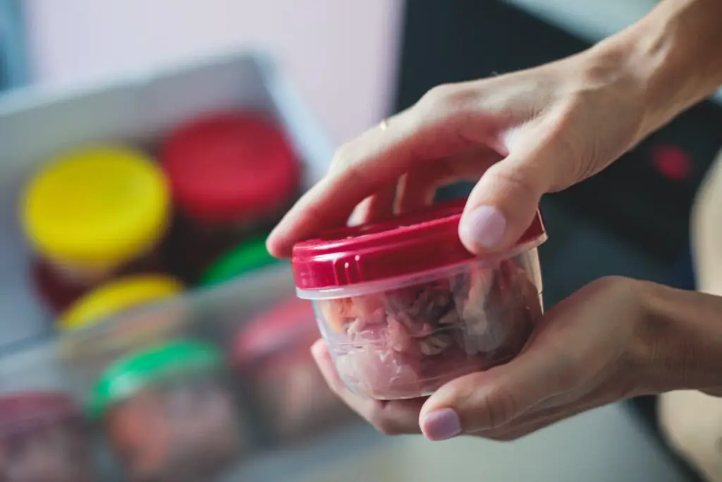 Putting homemade dog food into meal-sized containers.